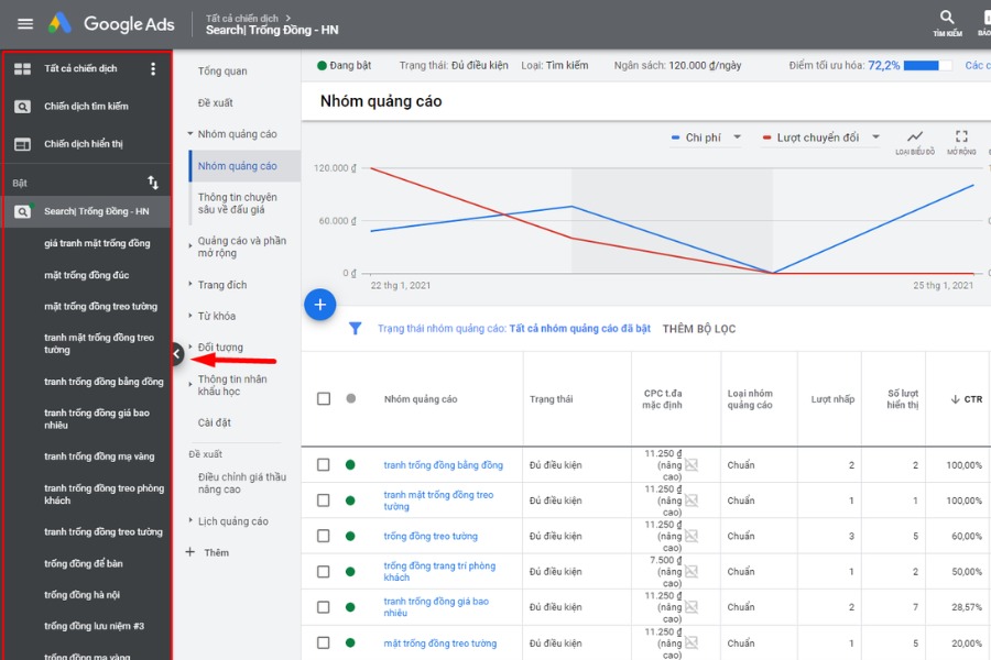 Các cài đặt riêng lẻ sau khi tạo tài khoản Google Ads